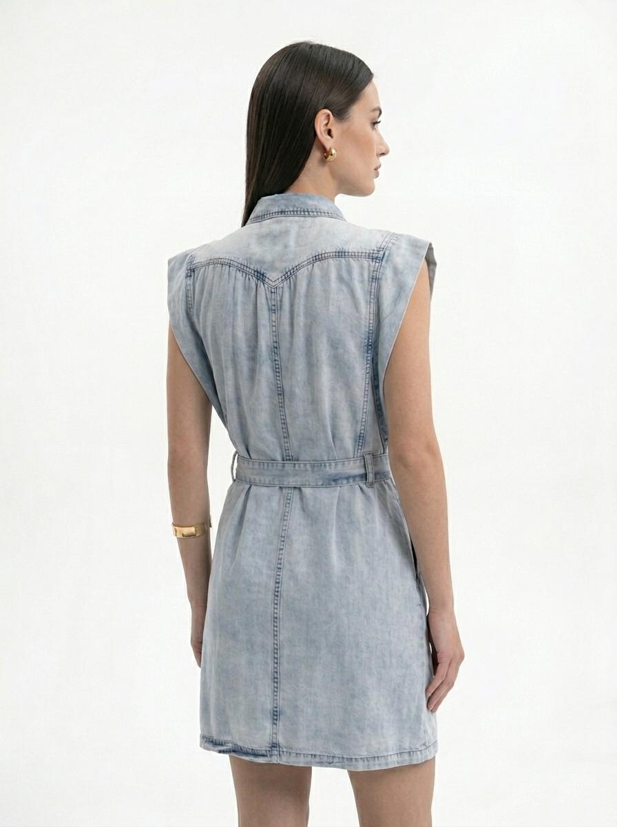 Tensel Denim Yıkamalı Çıtçıtlı Kemerli Elbise