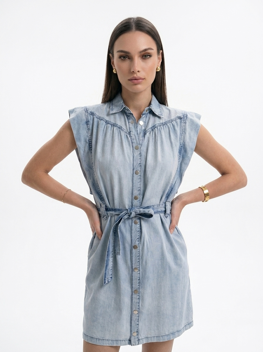 Tensel Denim Yıkamalı Çıtçıtlı Kemerli Elbise