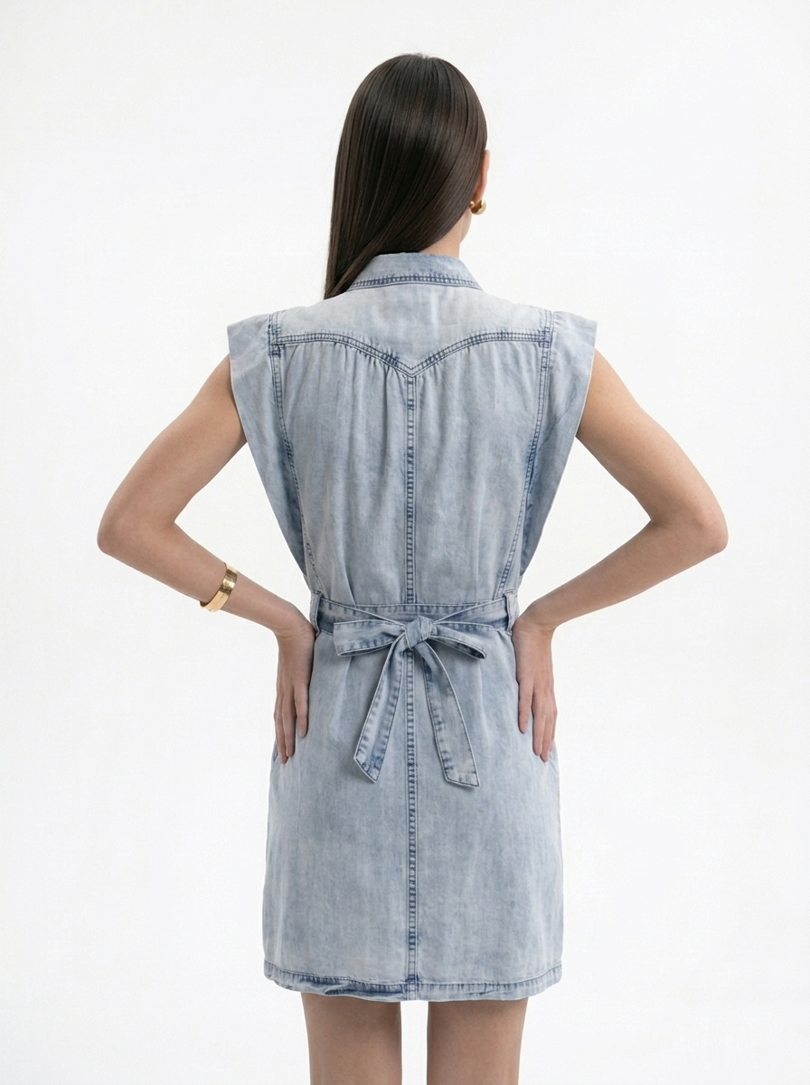 Tensel Denim Yıkamalı Çıtçıtlı Kemerli Elbise