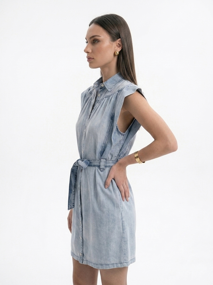 Tensel Denim Yıkamalı Çıtçıtlı Kemerli Elbise