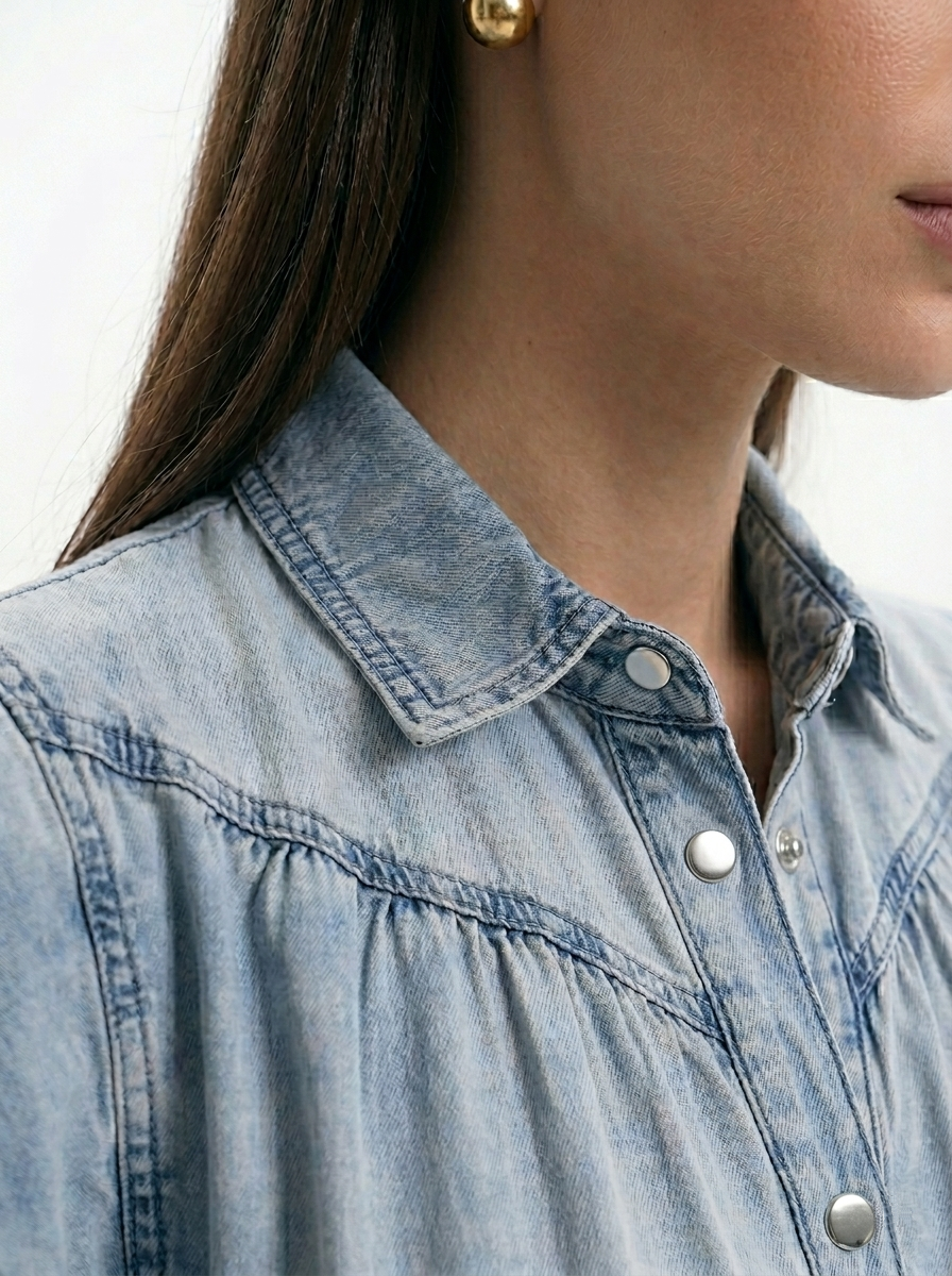 Tensel Denim Yıkamalı Çıtçıtlı Kemerli Elbise