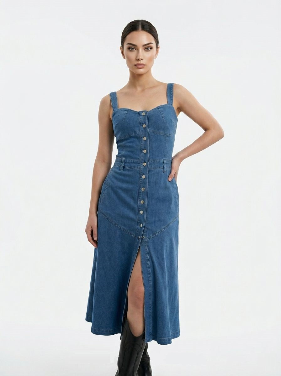 Kadın Denim Önü Çıtçıtlı Cepli Askılı Kot Elbise