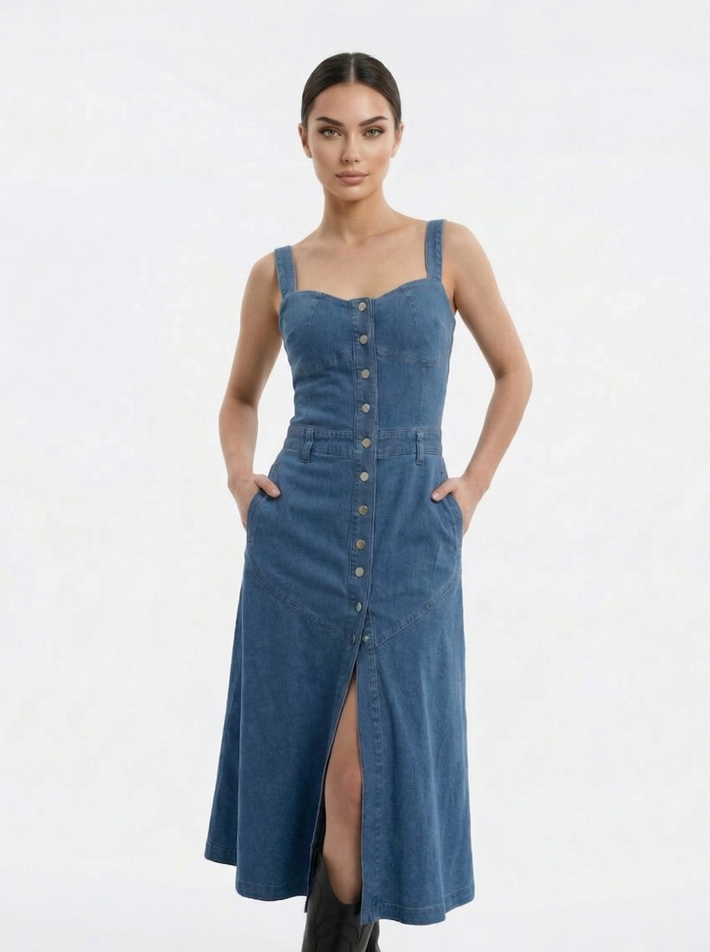 Kadın Denim Önü Çıtçıtlı Cepli Askılı Kot Elbise