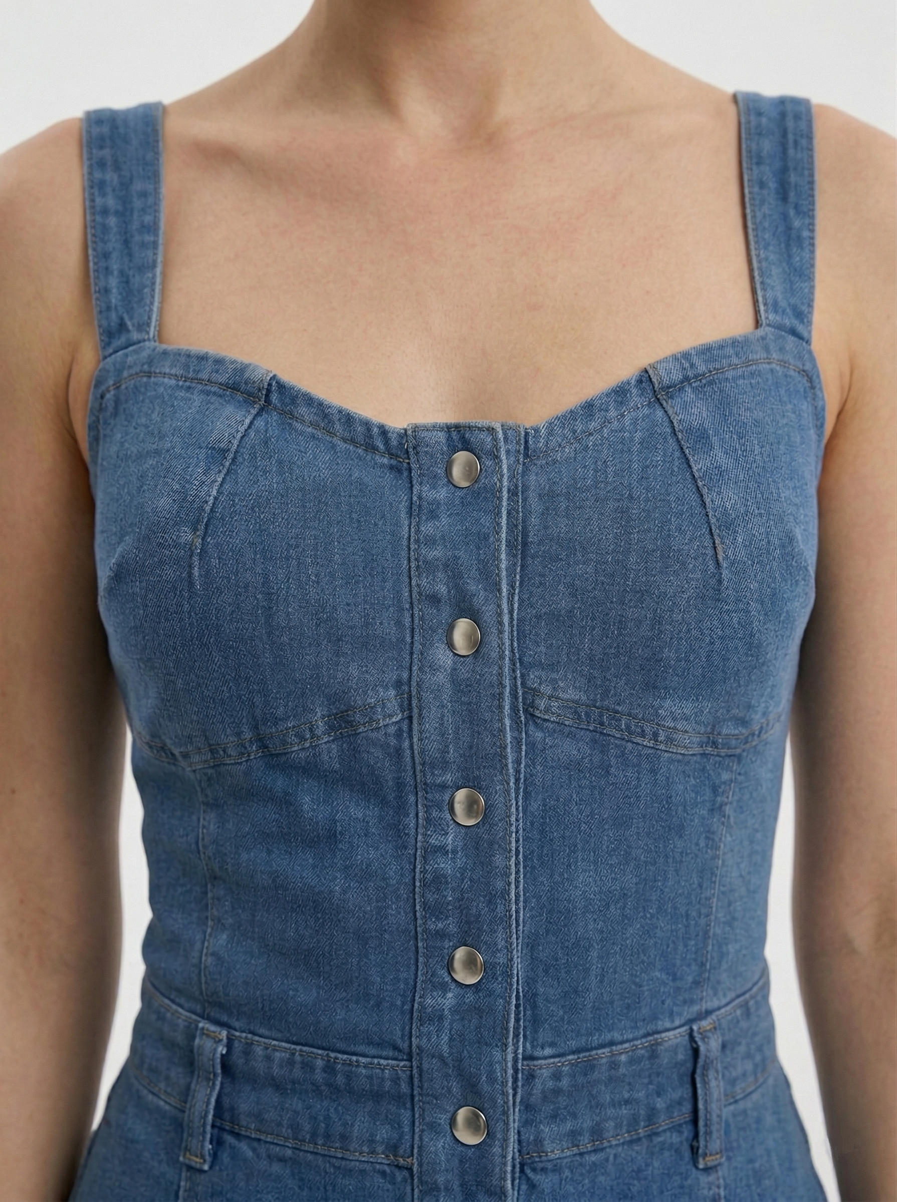 Kadın Denim Önü Çıtçıtlı Cepli Askılı Kot Elbise