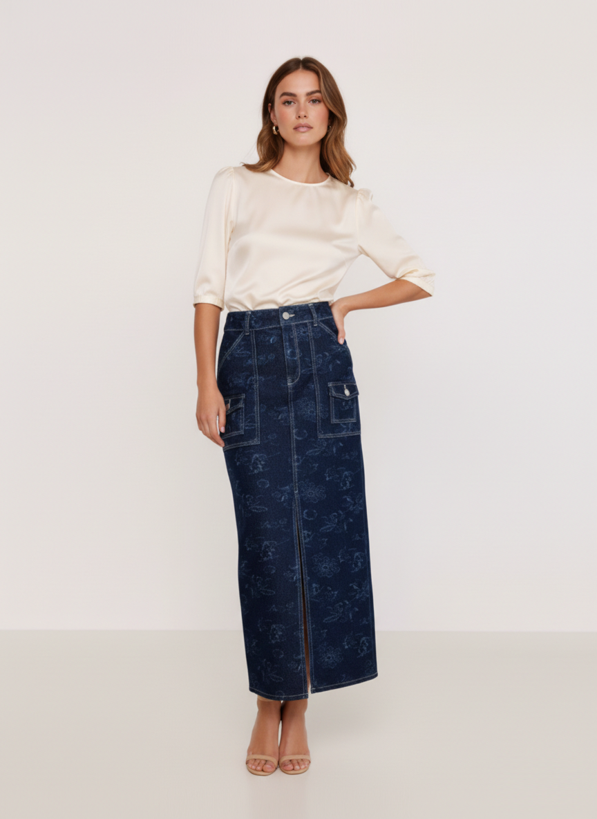 Kadın Denim Yıkamalı Desenli Yırtmaçlı Cepli Kot Etek