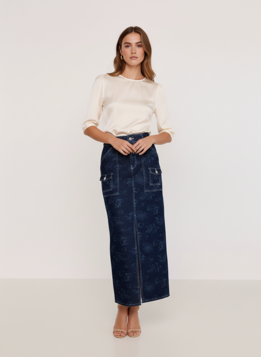 Kadın Denim Yıkamalı Desenli Yırtmaçlı Cepli Kot Etek