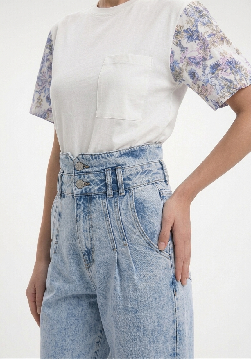 Kadın Denim Çift Kemer Detaylı Yıkamalı Mavi Kot Pantolon
