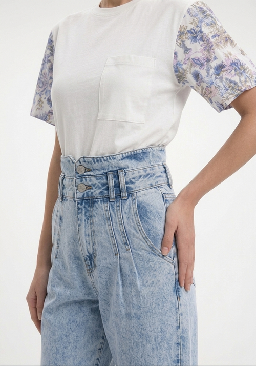 Kadın Denim Çift Kemer Detaylı Yıkamalı Mavi Kot Pantolon