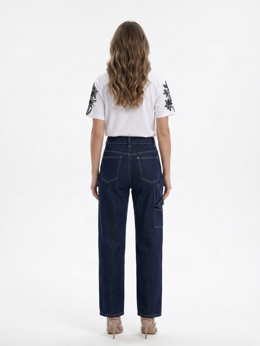 Kadın Kargo Cep Detaylı Rins Yıkama Denim Pantolon