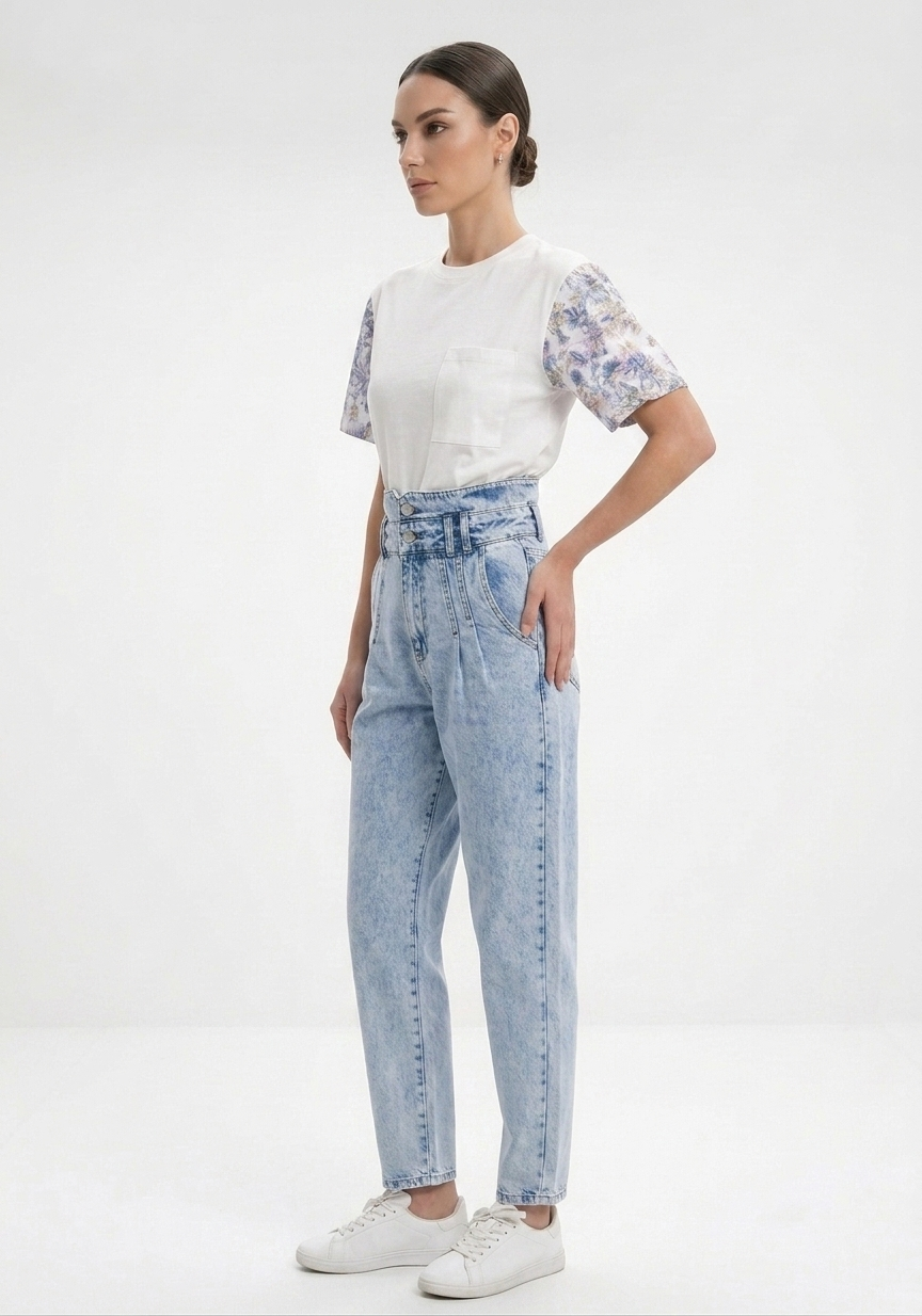 Kadın Denim Çift Kemer Detaylı Yıkamalı Mavi Kot Pantolon