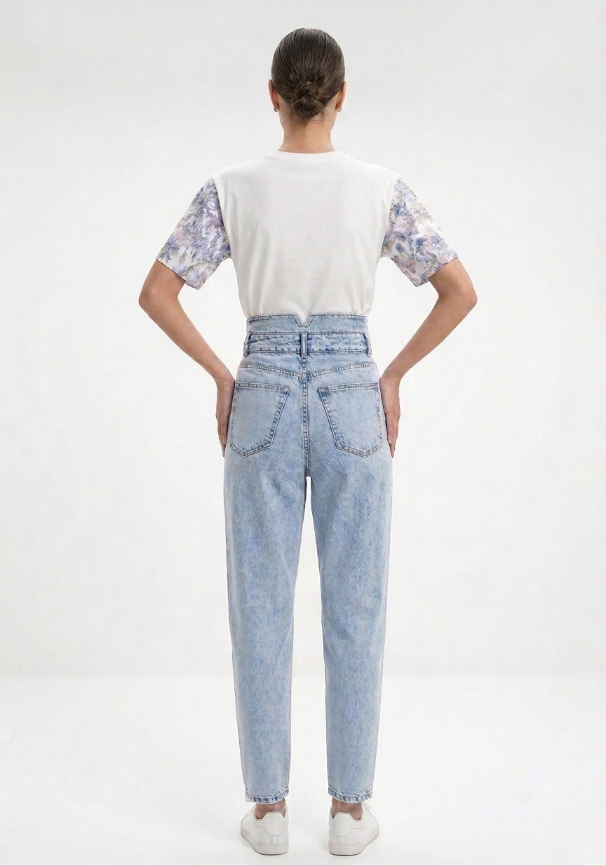Kadın Denim Çift Kemer Detaylı Yıkamalı Mavi Kot Pantolon