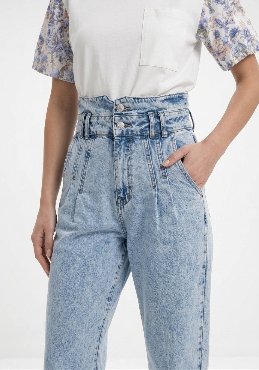 Kadın Denim Çift Kemer Detaylı Yıkamalı Mavi Kot Pantolon