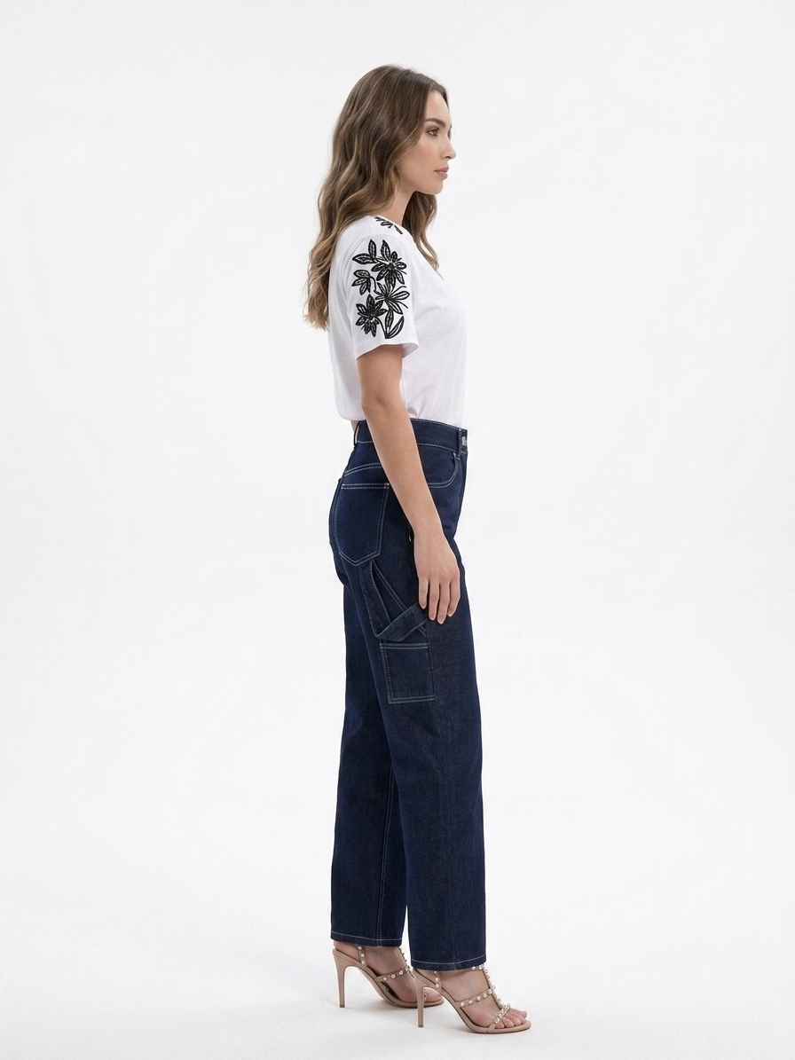 Kadın Kargo Cep Detaylı Rins Yıkama Denim Pantolon