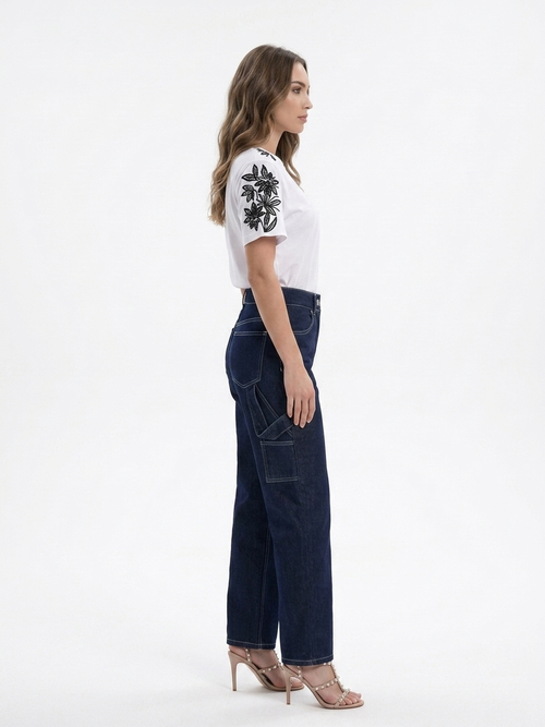 Kadın Kargo Cep Detaylı Rins Yıkama Denim Pantolon