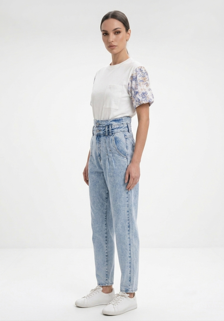 Kadın Denim Çift Kemer Detaylı Yıkamalı Mavi Kot Pantolon