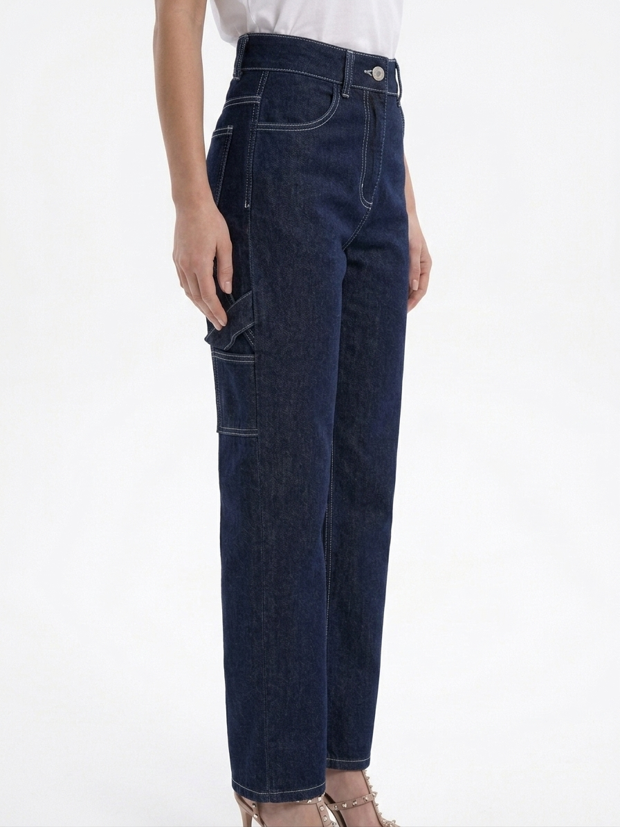 Kadın Kargo Cep Detaylı Rins Yıkama Denim Pantolon