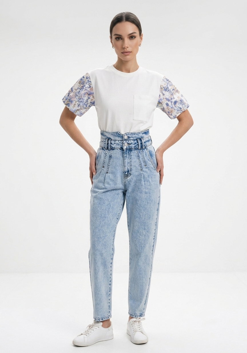 Kadın Denim Çift Kemer Detaylı Yıkamalı Mavi Kot Pantolon